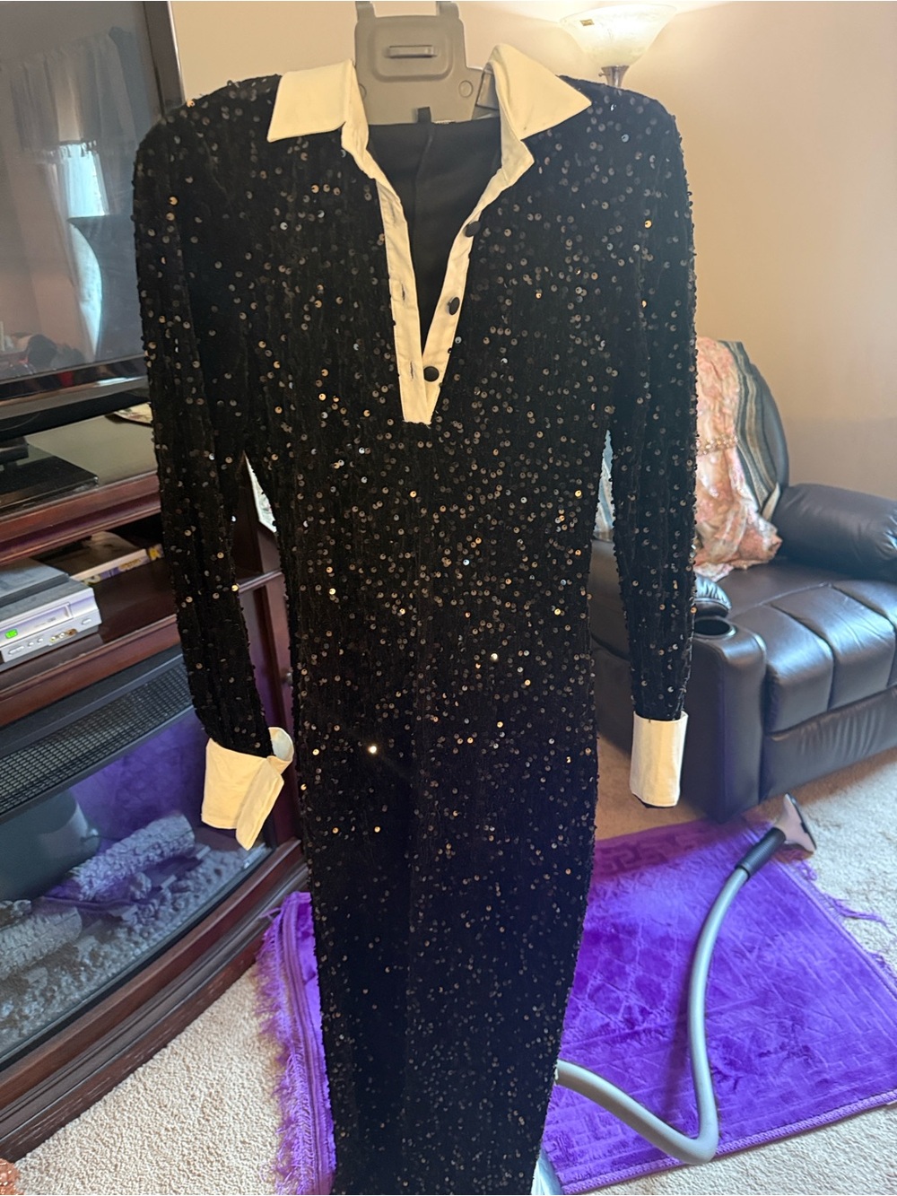 Fashion Nova Black Sequin Long Sleeve Dress with White Collar